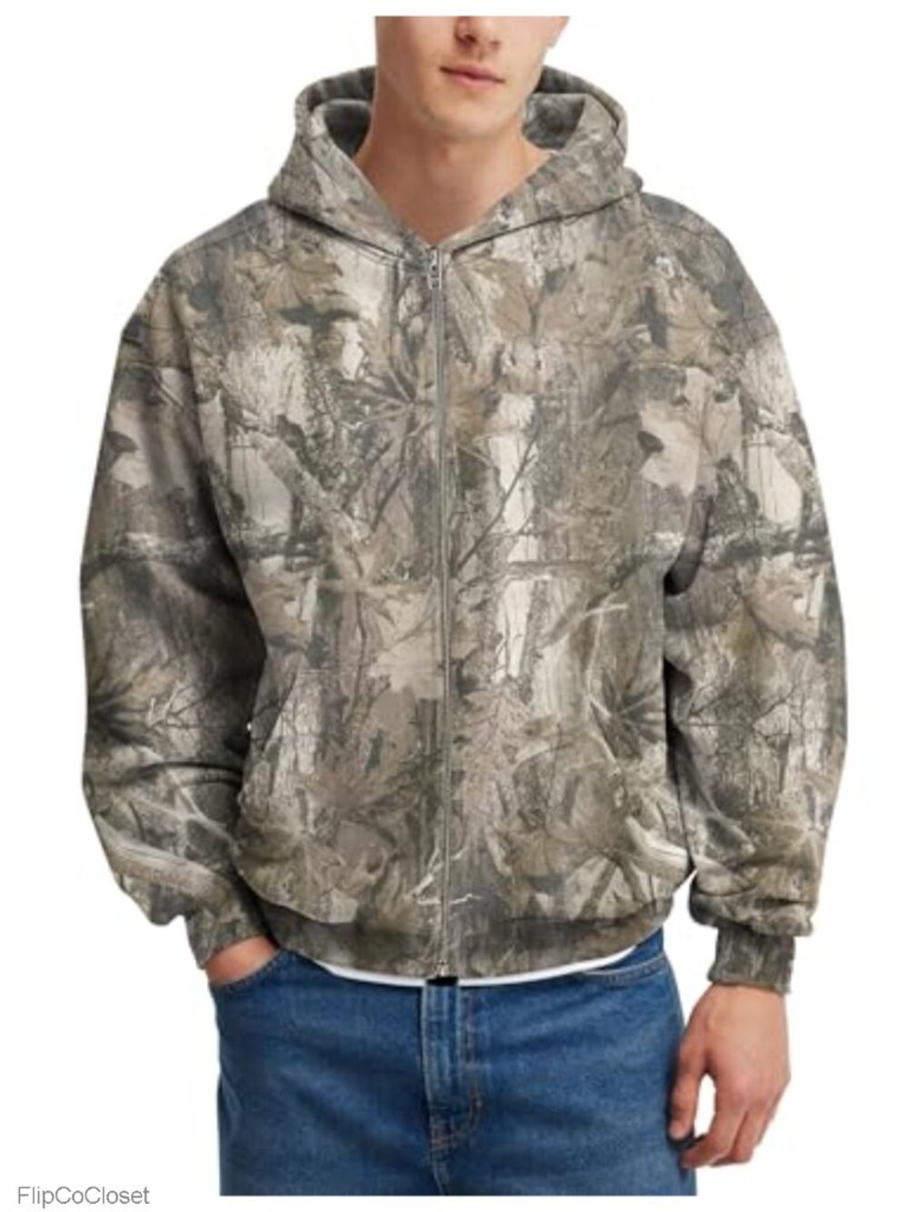 Men's Camo Zip Up Hoodie Fleece Hunting Jacket Oversized Long Sleeve